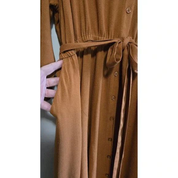 Torrid Women's Mustard, Button Front Midi Shirt Dress Tie Waist Pockets Size 2 - Picture 4 of 9